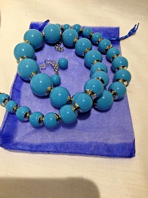 Turquoise Color Beads Necklace Accented with Silver Tone Beads Matching Earrings - Image 1 of 4