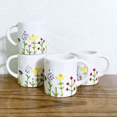 Spring Wildflower Demitasse Espresso Cup Set 4 Floral 3D Hand Painted Colorful - Image 1 of 4