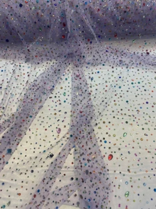 Beaded Multicolor Rhinestone Bridal on Lavender mesh fabric, 54 inches wide - Picture 1 of 2