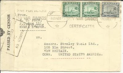 Malaya SELANGOR-SG#70(pair)#75 KUALA LUMPUR 7/NOV/40-WWII CENSOR - Image 1 of 3