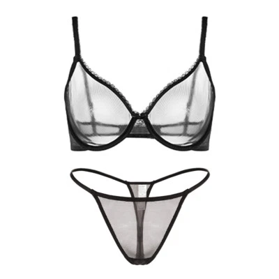 Womens Bra Set See-through Sexy Lingerie Sheer Mesh Unlined Lace Intimate Briefs - Image 1 of 4