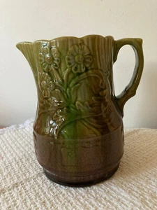 Jarra de suero de mantequilla de cerámica floral en relieve vintage 567 marrón aguacate goteo - Imagen 1 de 10