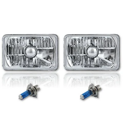 4X6 Diamond Crystal Clear Glass Lens Metal Headlight H4 Light Bulb Headlamp Pair - Image 1 of 4