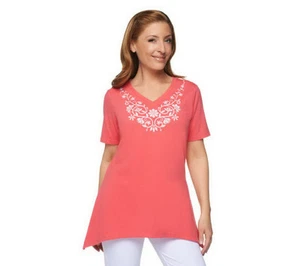 Camisa Mujer Manga Corta - Dobladillo Trapecio, Bordado, Tejido Top Azalea Rosa XXS - Imagen 1 de 4