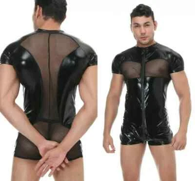 Sexy Men Male Mesh Catsuit Slim Short Sleeves Stag Night Party Bodysuits Costume - Image 1 of 4