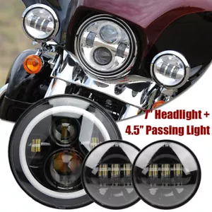 7" LED Projector Halo Headlight +2x4.5'' Passing Lights for Harley Touring Black - Picture 1 of 9