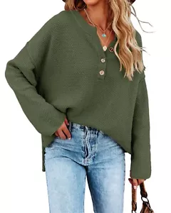 Saodimallsu Womens Oversized Sweaters Button Up V Neck Batwing Long Sleeve - Picture 1 of 5