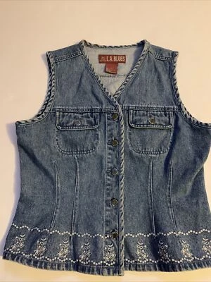Chaleco Denim L.A. Azul Talla Lg 100% Algodón Botones Dos Bolsillos Dobladillo Bordado Foto 1 de 4