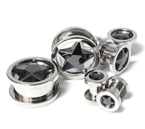 PAIR Star CZ Gem Screw Fit Tunnels Plugs Gauges Earlets Body Jewelry Piercing - Picture 1 of 20