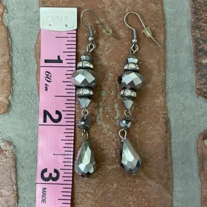 Womens Fashion Long Dangle Gray Sparkle  Crystal Earrings  - Picture 1 of 7