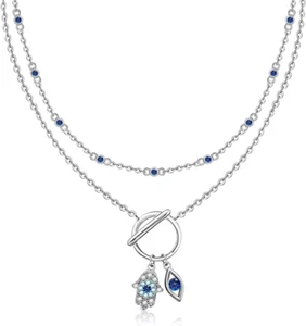 Layered Hamsa Evil Eye Necklace 925 Sterling Silver Dainty Pendant Jewelry Gifts - Picture 1 of 9