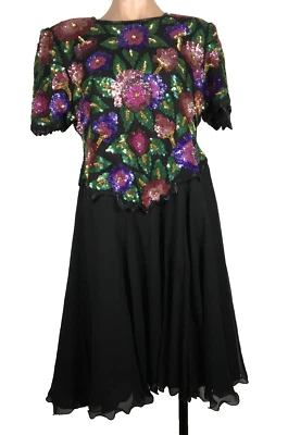 90-х годов Laurence Kazar женщин черный шелк цветочный блестки бисером вечернее платье PL - Изображение 1 из 4