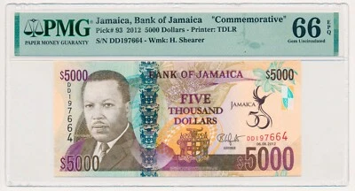 JAMAICA 5000 DOLLARS PICK 93 COMMEMORATIVE GOLDEN JUBILEE 2012 PMG 66 GEM UNC - Image 1 of 2