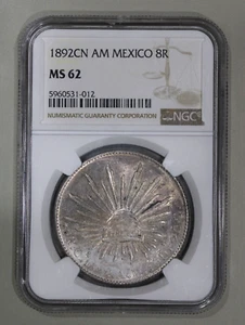 1892-Cn Mexico Cap & Rays 8 Reales NGC MS62 Uncirculated Silver Coin - Picture 1 of 4