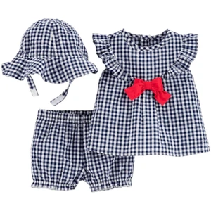 Carter's Baby Girl Size 3M Outfit 3 PC Set Top & Bottom w/ Sun Hat Gingham Navy - Picture 1 of 9
