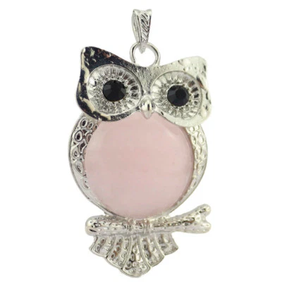 Любовь сова дизайн ручной работы натуральный розовый кварц драгоценных камней серебро ожерелье кулоны - Изображение 1 из 4