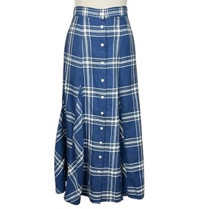 Polo Ralph Lauren Maxi Skirt Womens 0 Plaid Pleated Long Cottagecore A-Line Blue - Picture 1 of 13