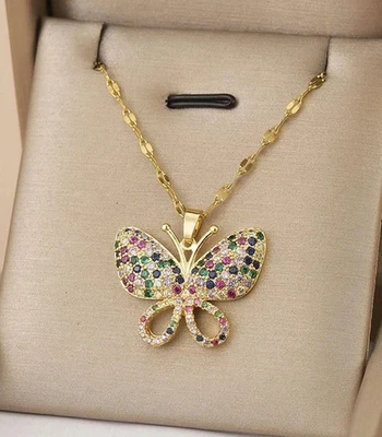 2Ct Round Cut Lab Created Diamond Butterfly Pendant 14K Yellow Gold Plated 18"In - Image 1 of 4