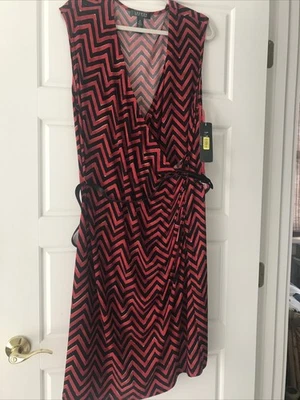 Ralph Lauren 2X Womens Red Black Chevron Faux Wrap Dress Belt Optional Ruched - Image 1 of 4