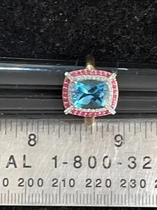 14K YG Swiss Blue Topaz, Pink Sapphire & Diamond 4.7 g Size 7 - Picture 1 of 8