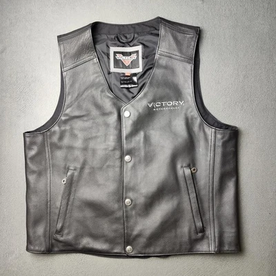 Victory Motorcycles Leather Vest Mens Large Black Snap Front Biker Zip Pockets - Image 1 of 4
