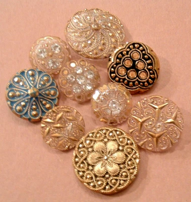 9 Glitzy Vintage Glass Buttons Turquoise w/Gold Luster Yellow Rhinestones Floral - Image 1 of 4