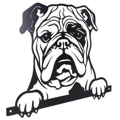Black Metal Peeking Bulldog  Silhouette with Fixing Plate Garden Ornament Gift - Image 1 of 4
