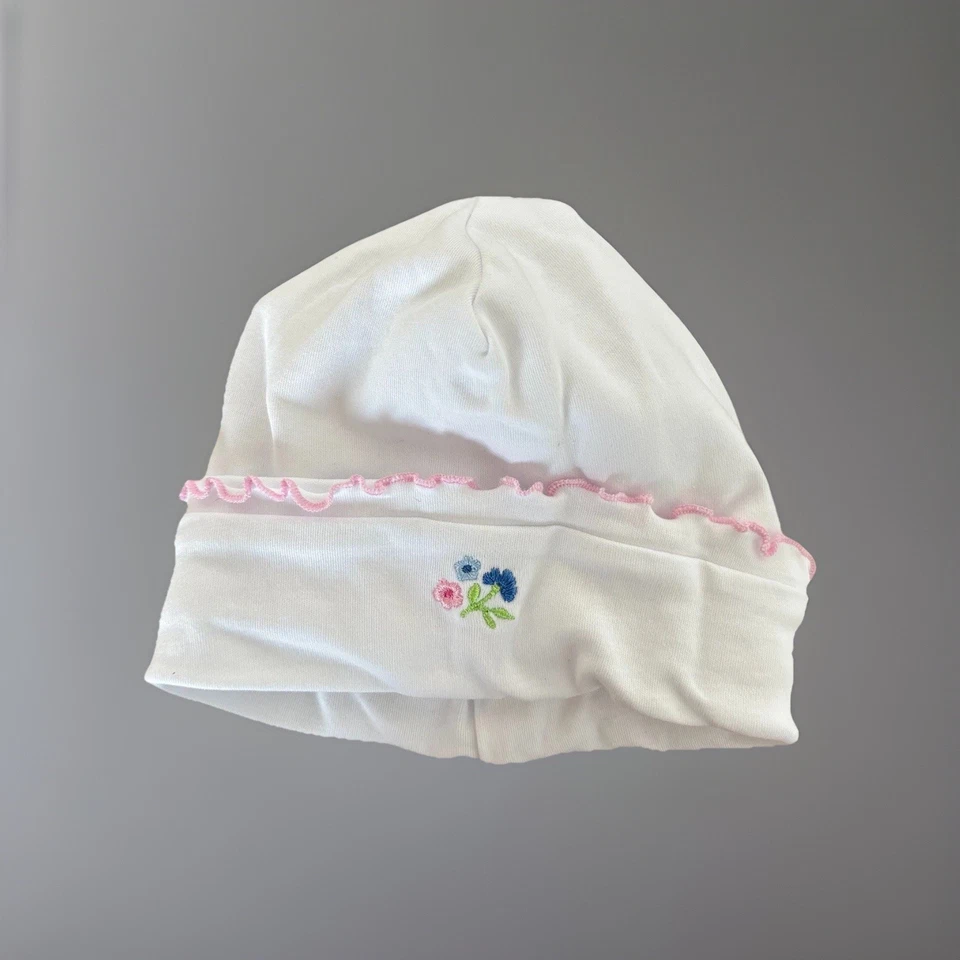 Sombrero Kissy Kissy Bebé Blanco Pima Algodón Rosa Flor Bordado Talla Pequeña Clásico Foto 1 de 4
