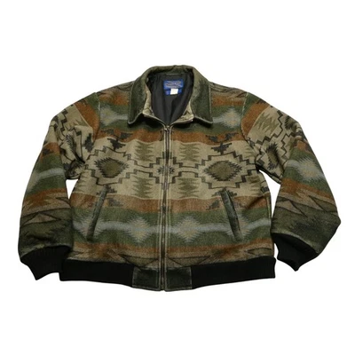 Vintage Pendleton Jacket Mens L Brown Wool Aztec Print Bomber Made USA 90s - Image 1 of 4