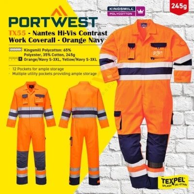 Portwest TX55 Nantes Hi-Vis Contrast Work Coverall Durable Overall Suit - Orange - Image 1 of 4
