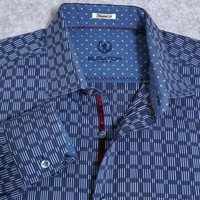 BUGATCHI SHIRT M BLUE GEO JACQUARD MENS SHIRT COLLAR - Image 1 of 4