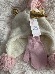 Girls New York Capelli Unicorn Faux Fur Hat& Mittens Set - Size 2T-4T Cream/Pink - Picture 1 of 7