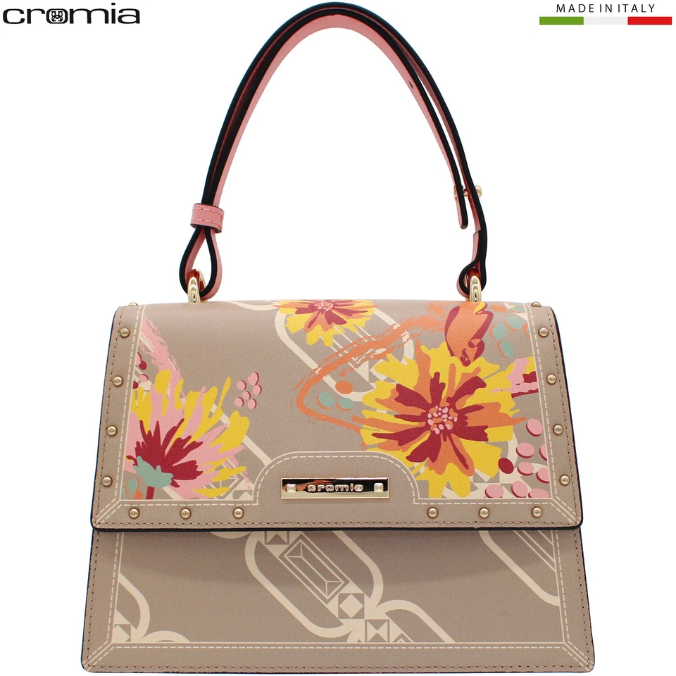 Bolso pequeño de diseño Cromia cuero beige patrón floral Hecho en Italia Foto 1 de 4