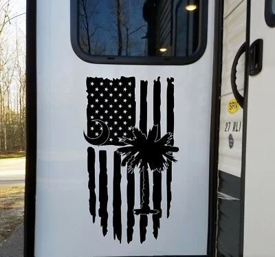 Palmetto Tree Crescent Moon with Distressed American Flag Vinyl Decal | Die Cut - Image 1 of 4