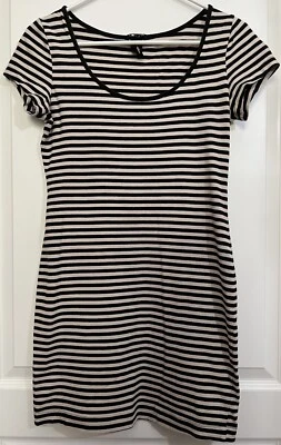 Women's H&M Striped Shirt Dress Size SMALL Scoop Neck Black Beige Short Sleeve - Image 1 of 4