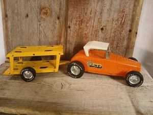 VTG. Nylint Toy Pressed Steel Formula Racer & 2 Vehicle Folding Trailer Combo. - Picture 1 of 15