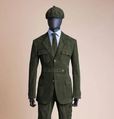 Vintage Suede Men Suit Safari Jacket with Belt Casual Outdoor Hunting Coat Pant - Image 1 of 4