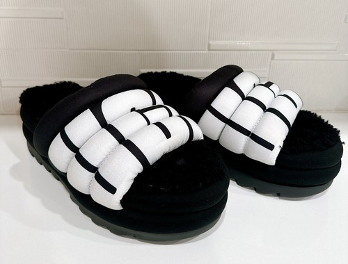 UGG Maxi Slide Logo Nero Slip On Shearling Puff Sandalo US 8 EUR 39 UK 6