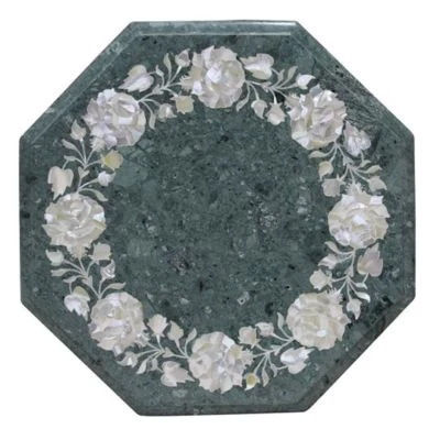 12" Green Marble Table Semi Precious Stone Inlay art With Wooden Stand  - Image 1 of 4