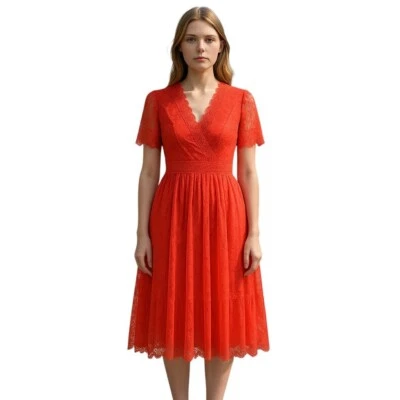 Ted Baker Dress S Womens Red Sonyyia Midi Fit & Flare Short Sleeve V-Neck Formal - Image 1 of 4