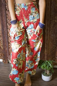 Boho Gypsy Hippy Floral Pants Casual Wide Leg Red Printed Trendy Harem Pants SM 
