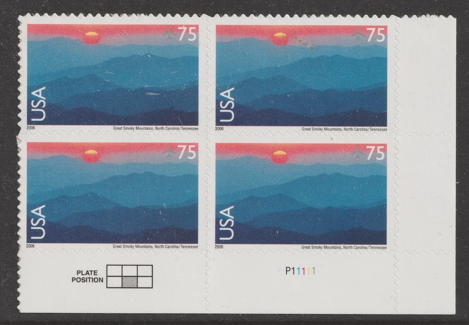 US C140 Airmail Great Smoky Mountains 75c plate block 4 LR MNH 2005 - Image 1 of 1