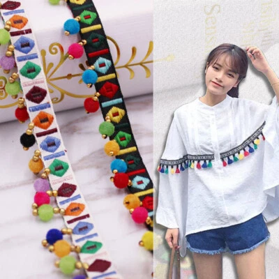 10yds Tassel Lace Trim Ethnic Embroidery Ribbon Pompom Beads Fabric 0.39'' Width - Image 1 of 4