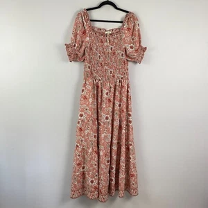 Max Studio Smocked Pink Floral Maxi Dress Size Large Short Sleeve - Picture 1 of 10