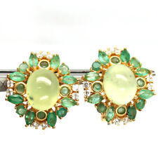 9 x 11 MM. Green Prehnite, Emerald & Cubic Zirconia Earrings 925 Sterling Silver