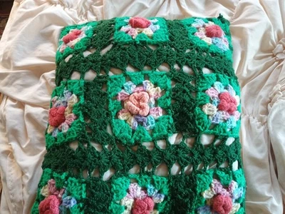 Vtg Hand Crochet Throw Accent Pillow MCM 70s Knit Cottage Granny 15”x14” - Image 1 of 4