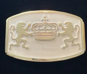 Gold Tone White Enamel Two Lions Flanking A Crown Belt Buckle 4” X 2.75” - Picture 1 of 4