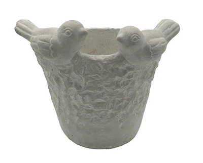 Blumentopf aus Ton oder Stein, Pflanzentopf mit Vogeldeko, Grau-Weiß - Bild 1 von 4
