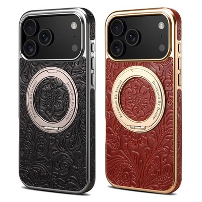 Luxury Genuine Leather Plating Frame Rotating Ring Case Cover For Apple iPhone - Image 1 of 4