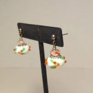 Art Glass Crystal Earrings Red White Bead Silver Tone Dangle Earrings Christmas - Picture 1 of 6